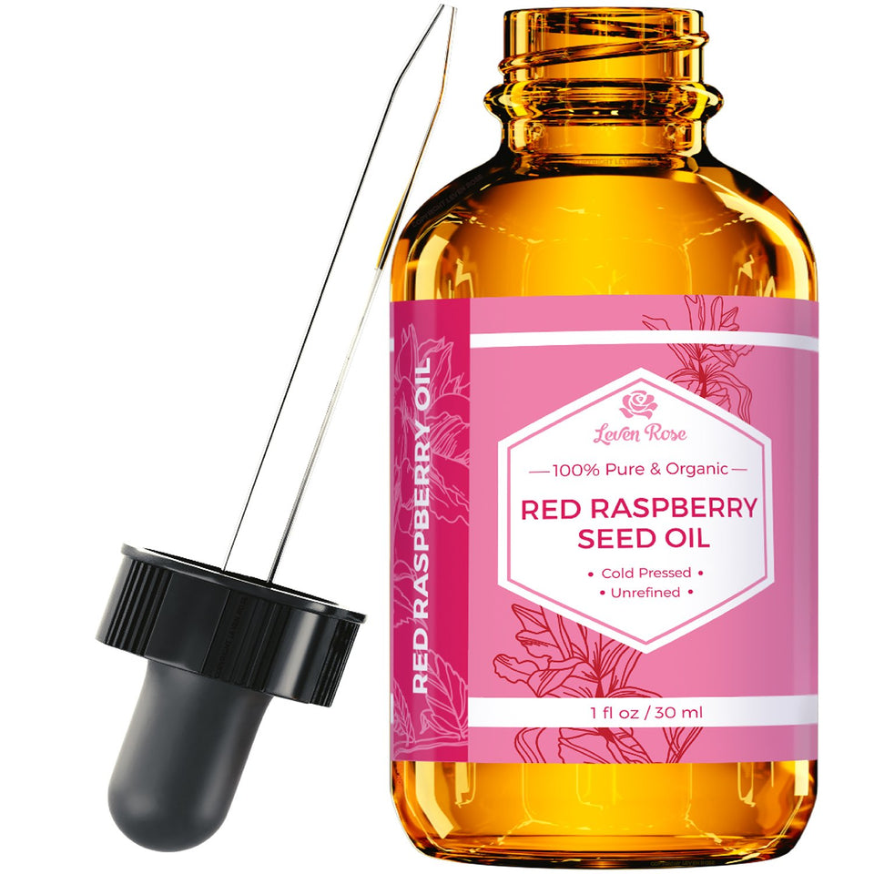 Leven Rose front bottle shot showing label and organic oil benefits