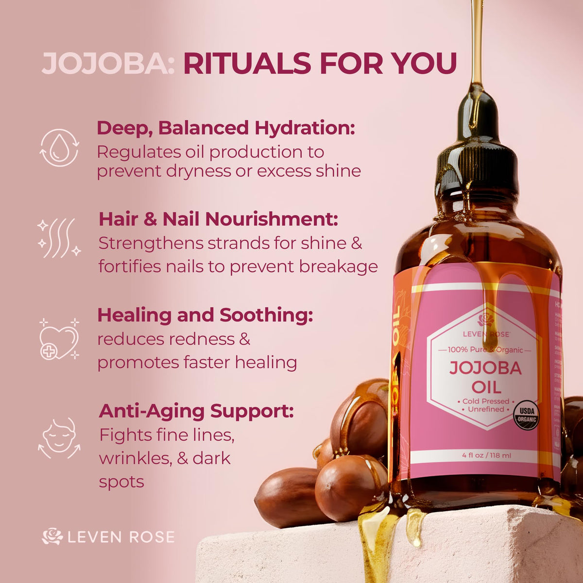Leven Rose applied to hair ends to reduce frizz and add shine