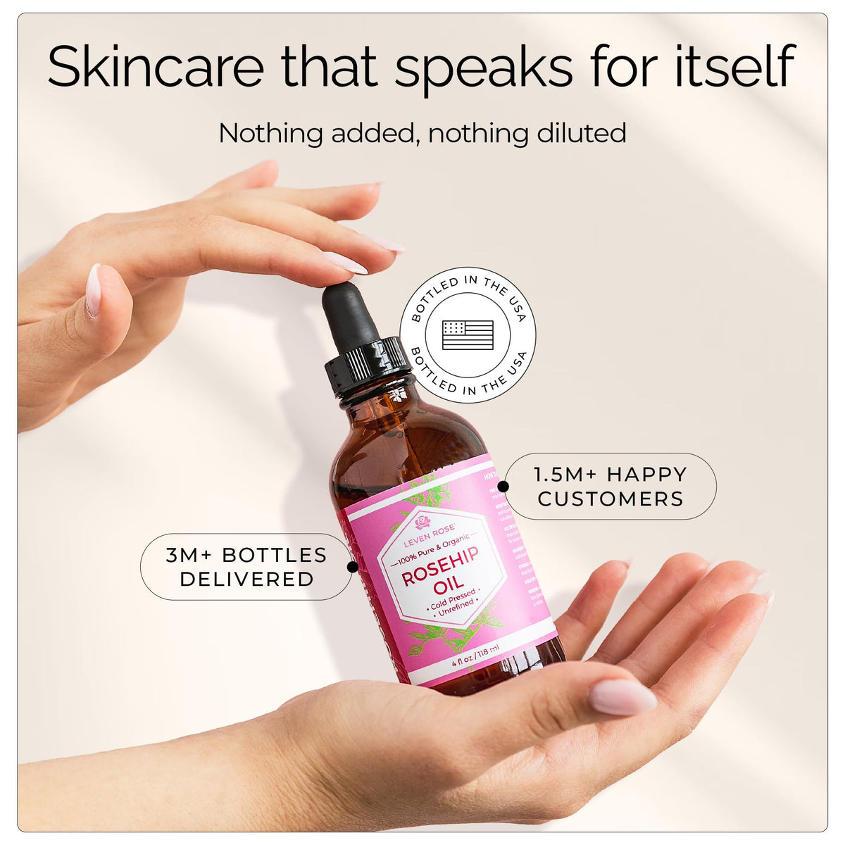 Leven Rose one ounce bottle scale showing compact travel-friendly size