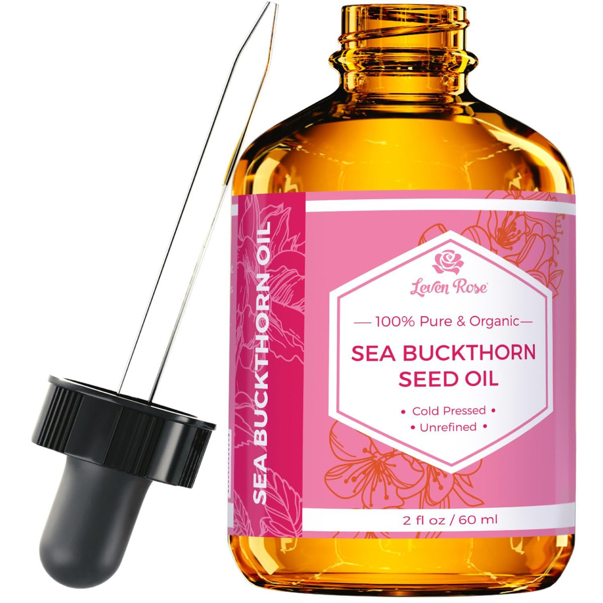 Leven Rose front packaging showing 2 oz amber bottle and label, clear benefit hydration