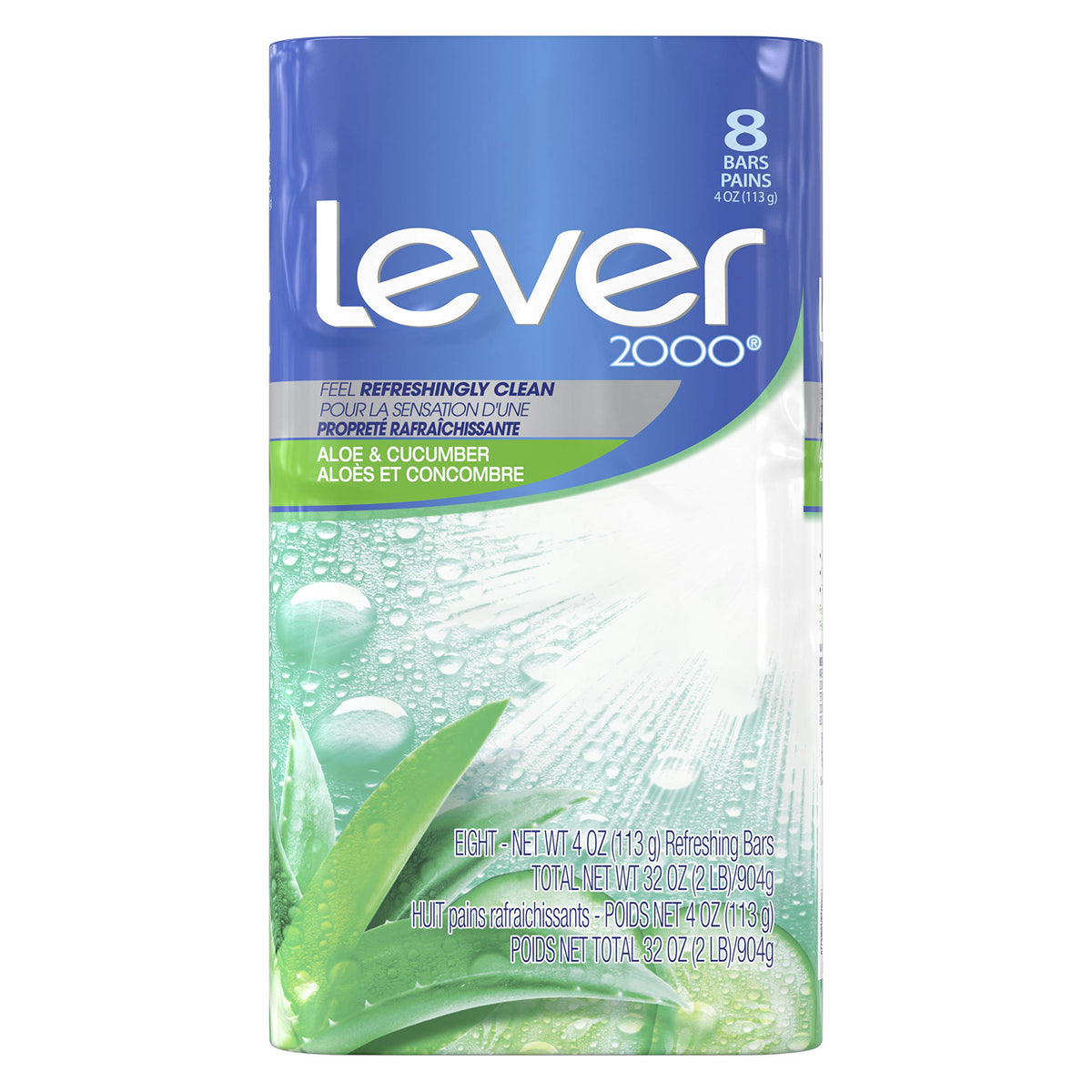 Lever 2000 front packaging showing aloe and cucumber scent benefit: gentle everyday cleansing