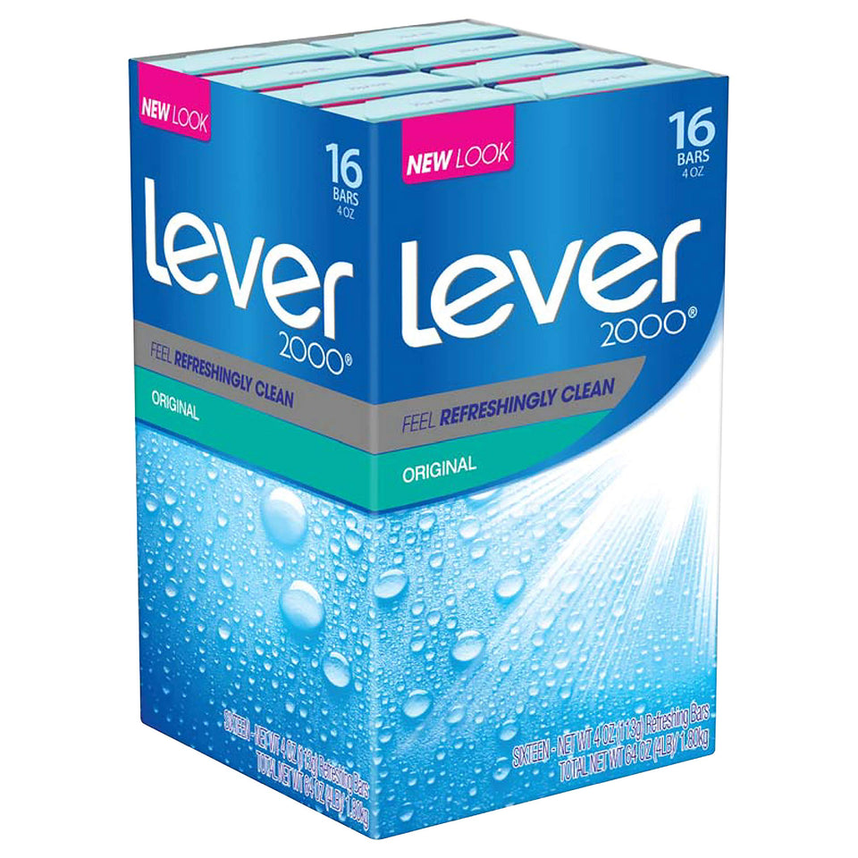 Lever 2000 front packaging showing 16 bars and clear label for easy stocking