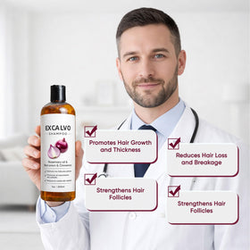 Rosemary sprigs and sliced red onion beside Lexenic Excalvo bottle, highlighting natural actives