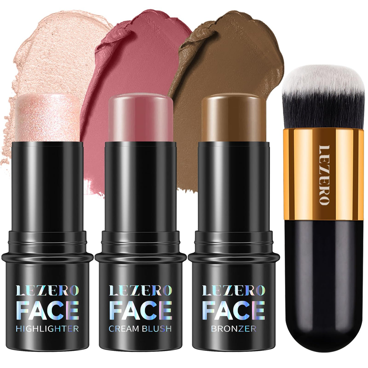 Lezero front packaging showing three contour sticks and compact case for travel