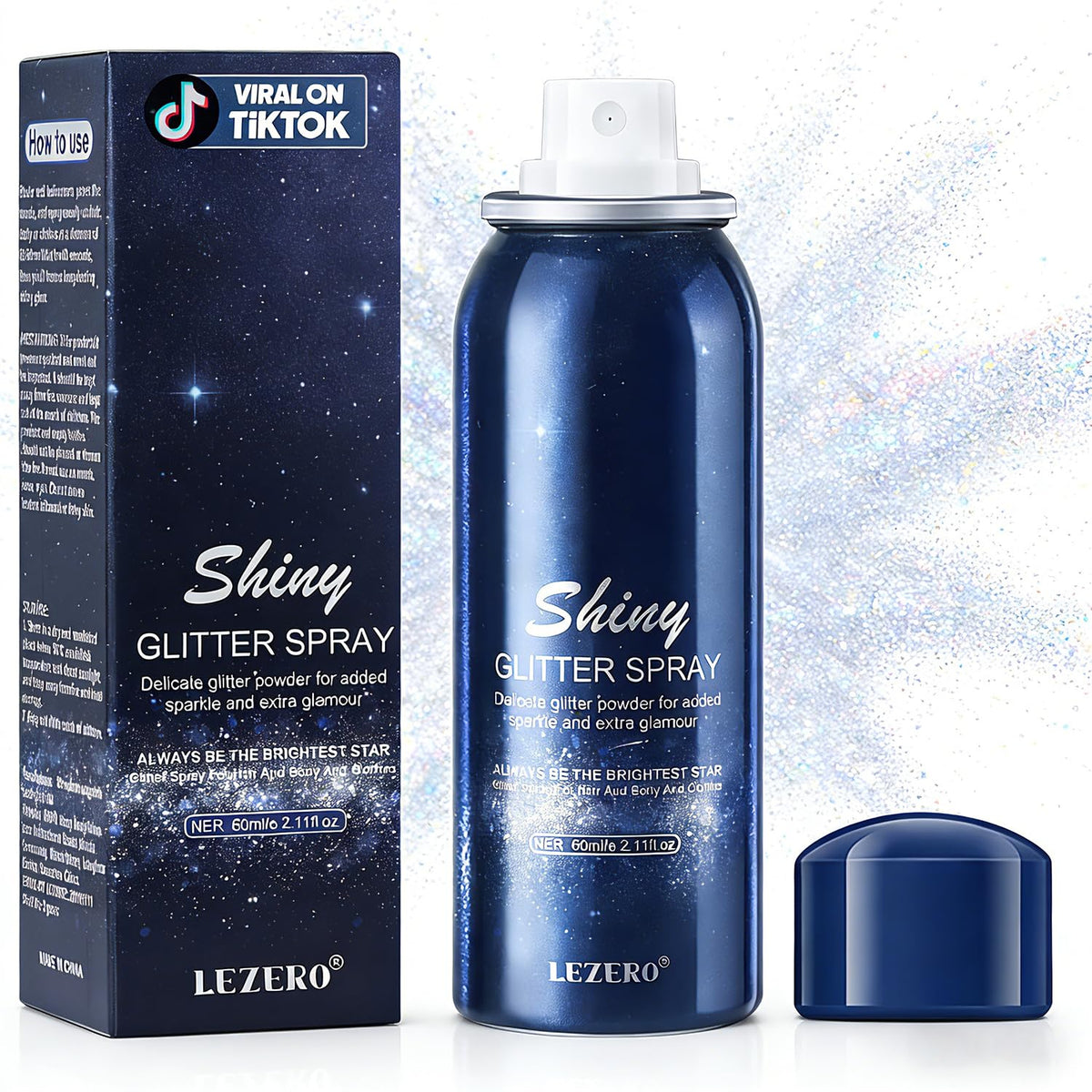 Lezero front packaging showing holo silver glitter spray, convenient festival-ready bottle