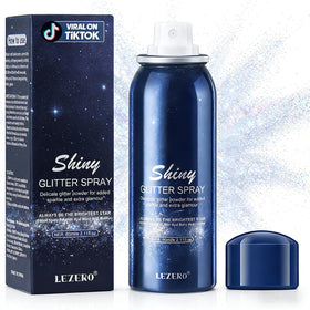 Lezero front packaging showing holo silver glitter spray, convenient festival-ready bottle