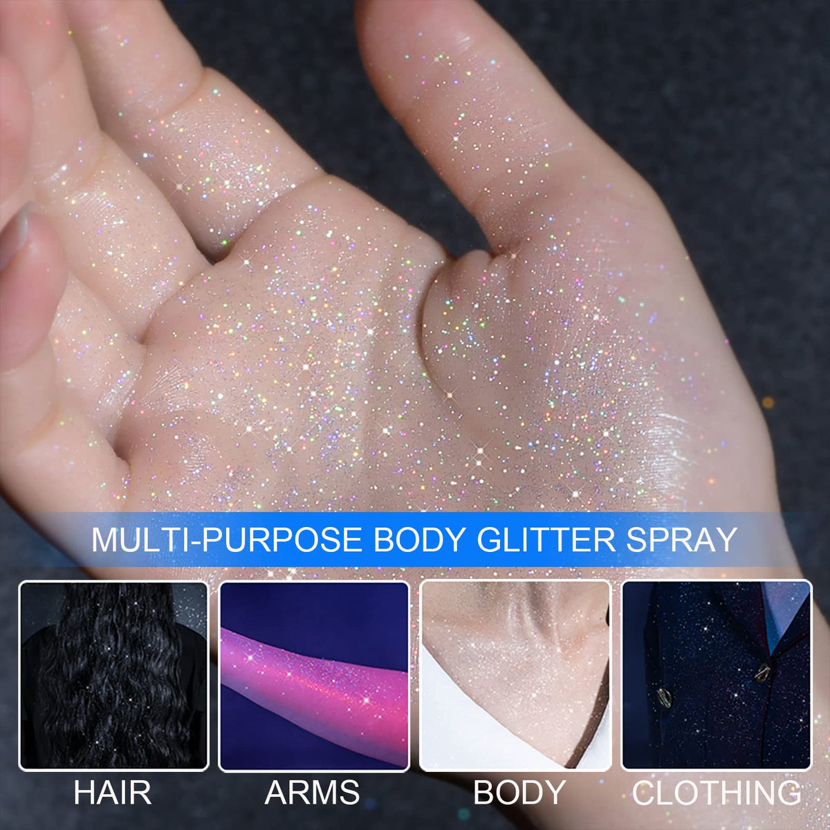 Lezero spray applied to hair showing shimmer and vibrant stage-ready effect