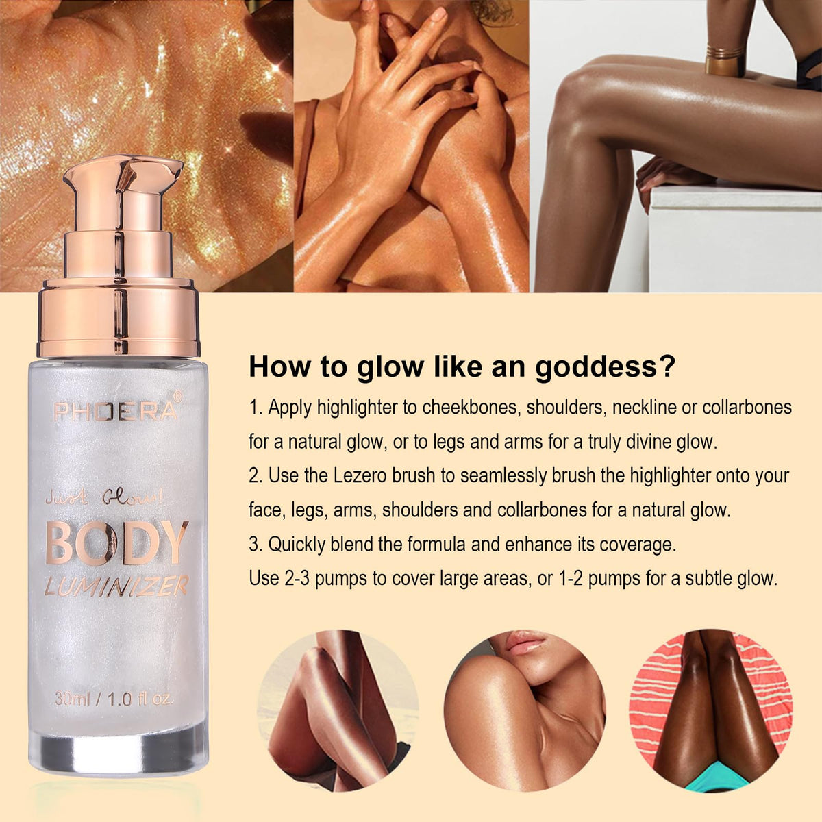Lezero on model highlighting shoulders and collarbones for radiant look