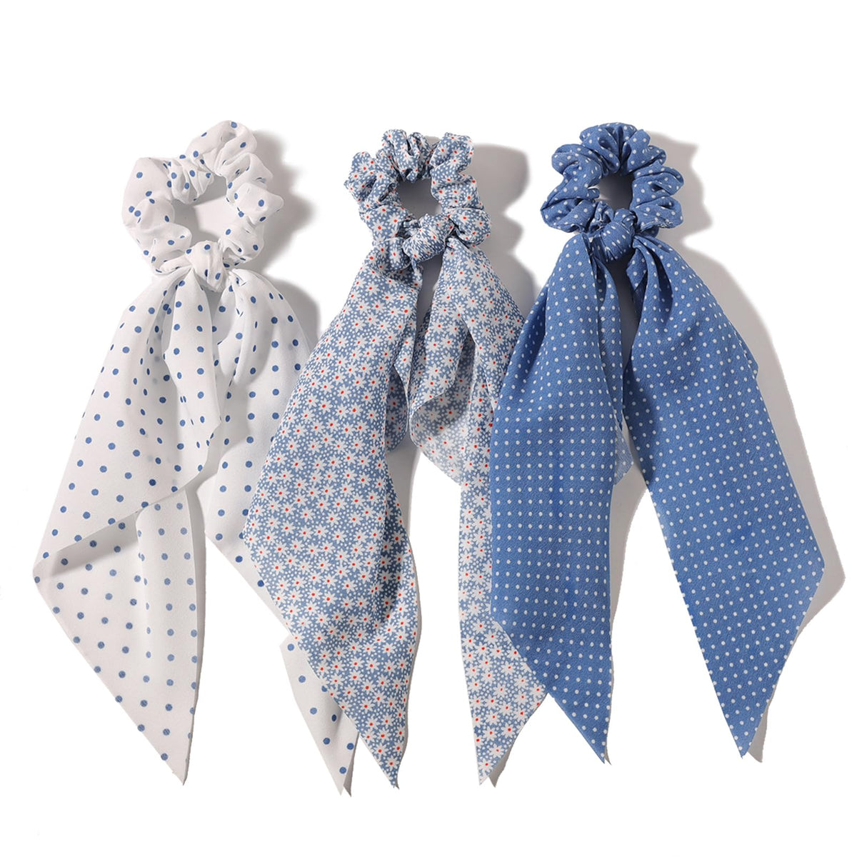 LFOUVRE front view of three-piece bow and scarf scrunchie set showing colors and shapes for styling