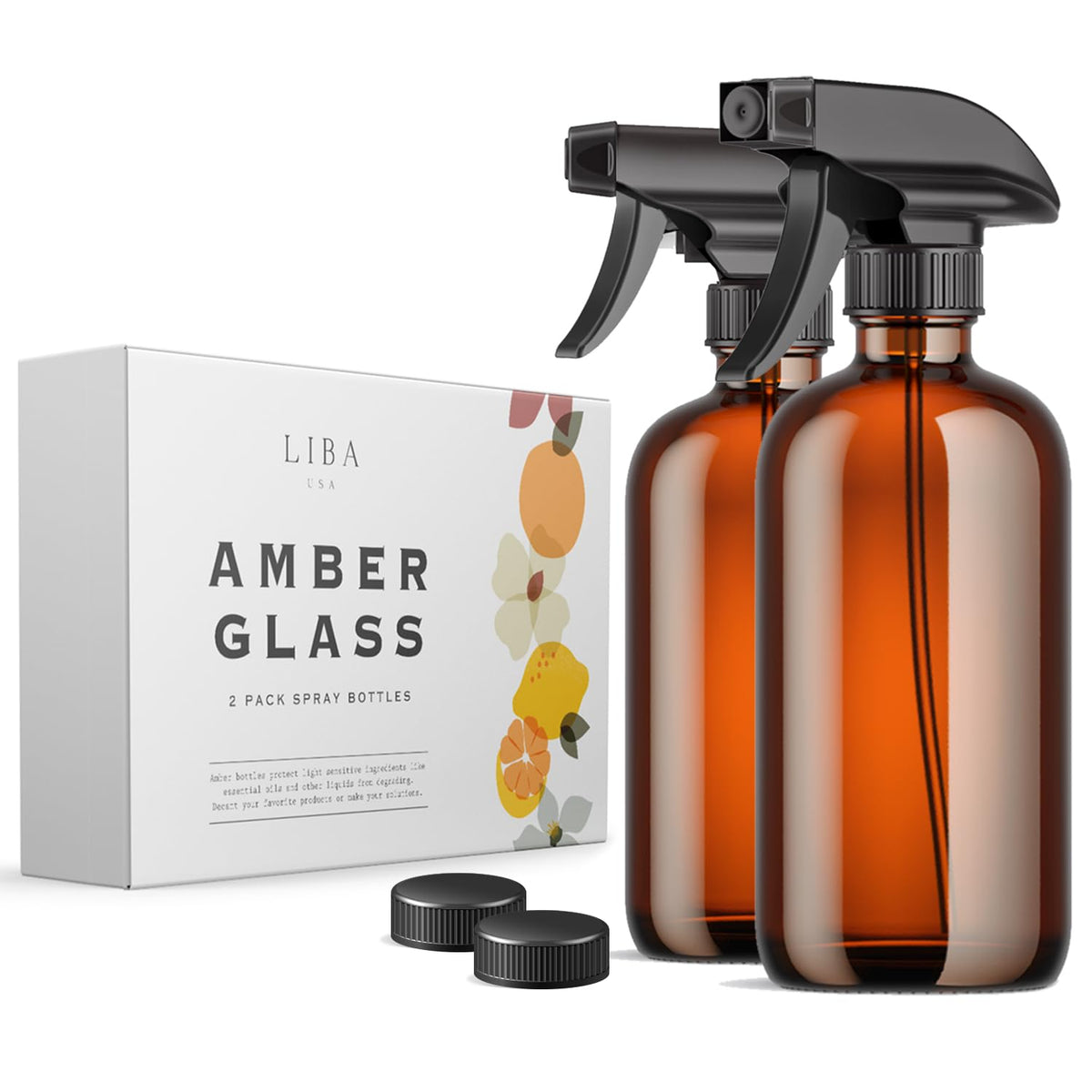 LiBa amber glass bottles front view showing two-pack and label protection benefit