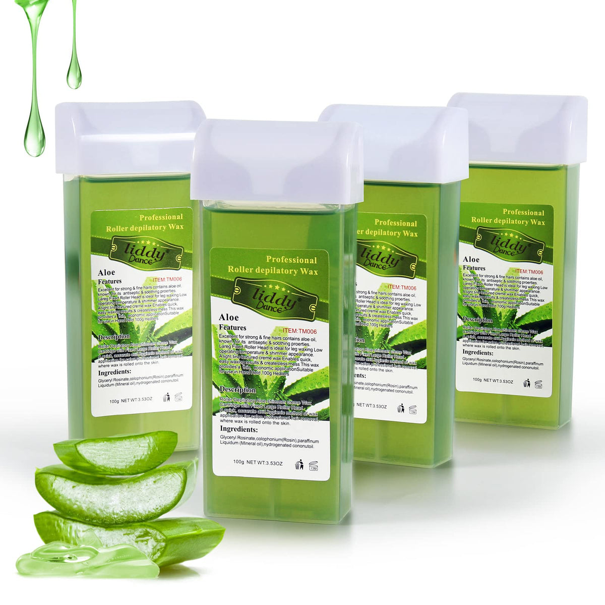 liddy Dance front packaging showing four aloe wax cartridges, clear benefits