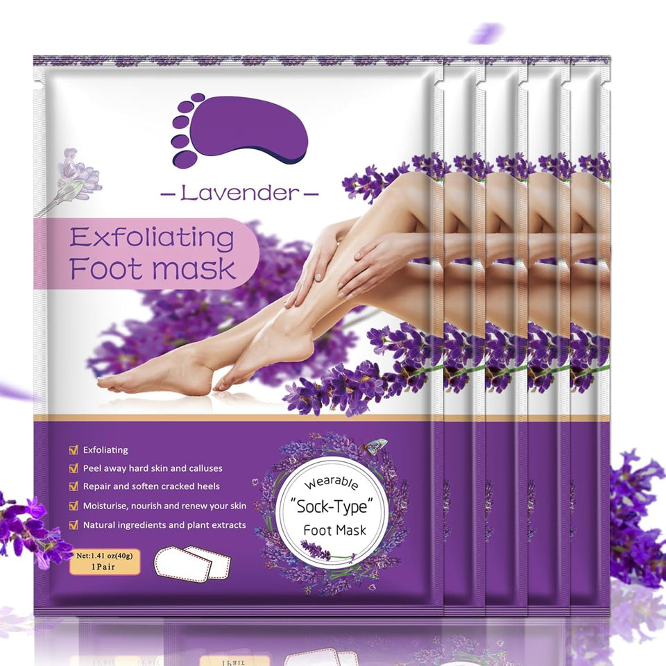 Liefiet front packaging showing five lavender foot peel sock pairs and benefits
