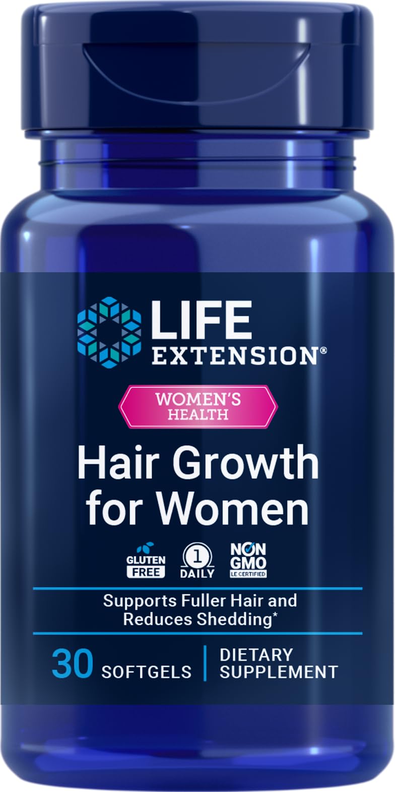 Life Extension front packaging showing bottle and branding, promotes fuller hair