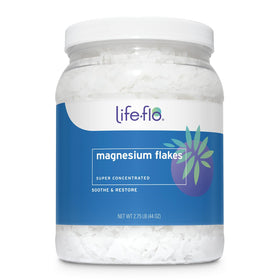LIFE-FLO front packaging of 44oz magnesium flakes showing label and jar benefit