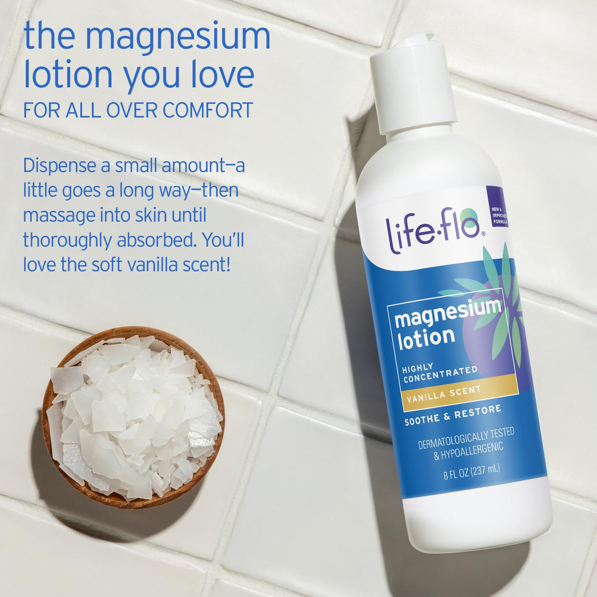 LIFE-FLO ingredient label highlighting Zechstein magnesium and emollients