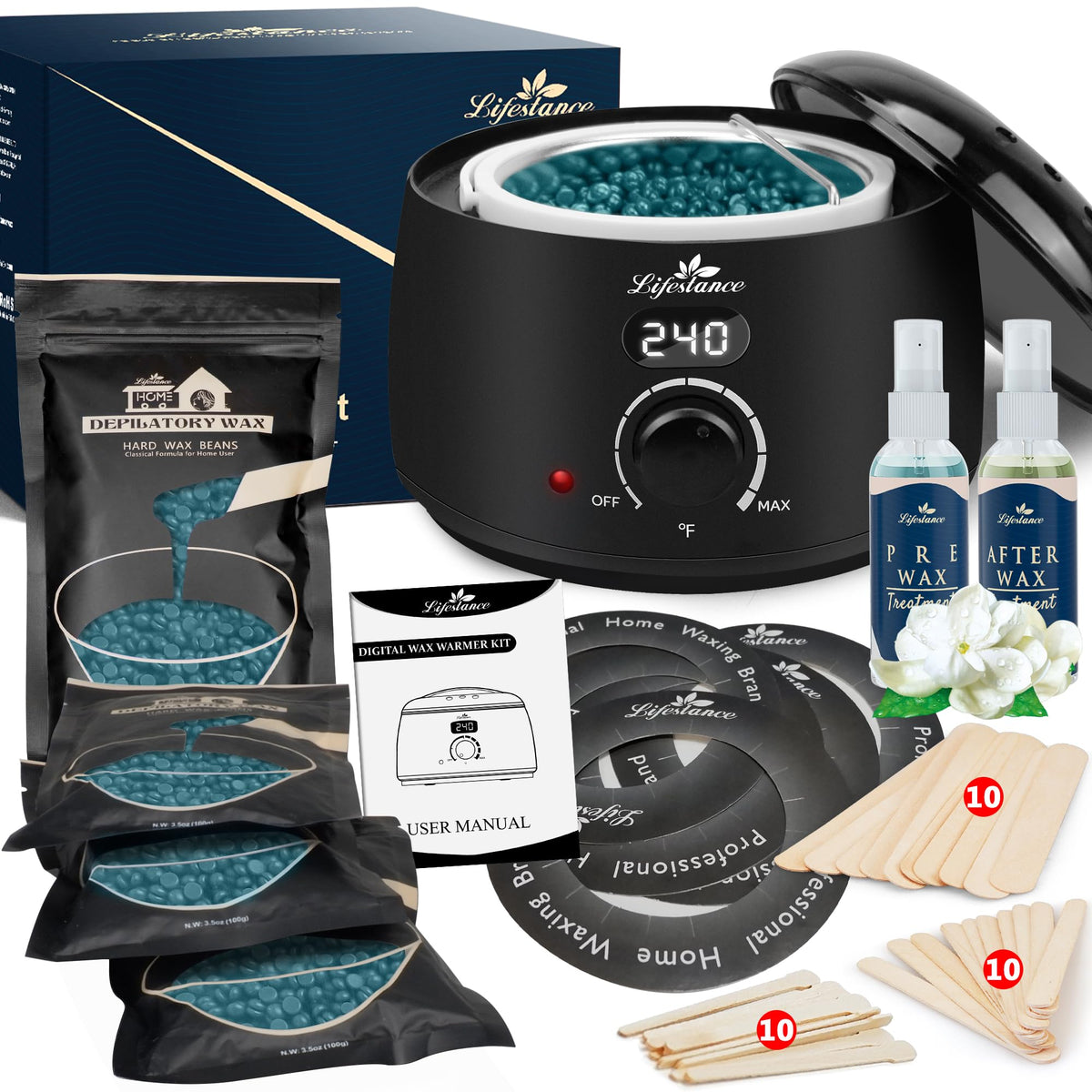 Lifestance front packaging showing full waxing kit and included accessories for convenience