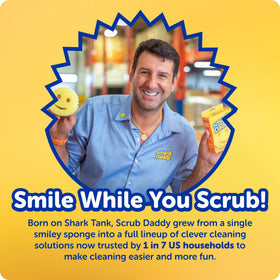 Person using Scrub Mommy and paste in kitchen showing practical cleaning action benefit