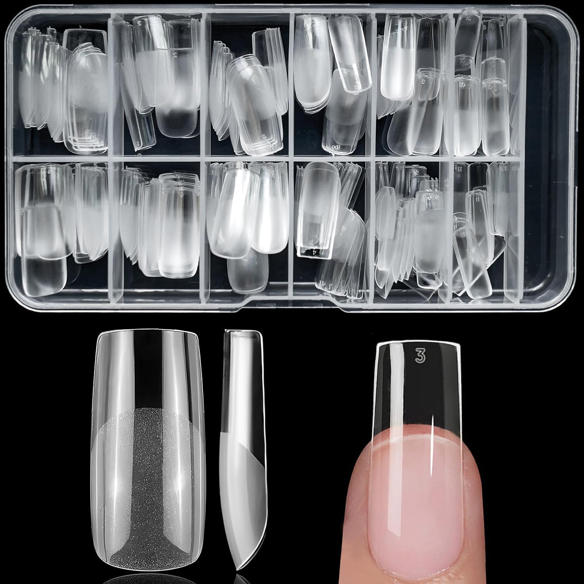 Lifextol front packaging showing 240 clear medium square tips and contents