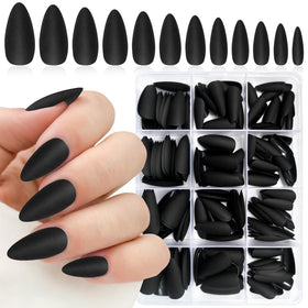Lifextol front packaging showing matte black almond tips and included tools, easy salon look
