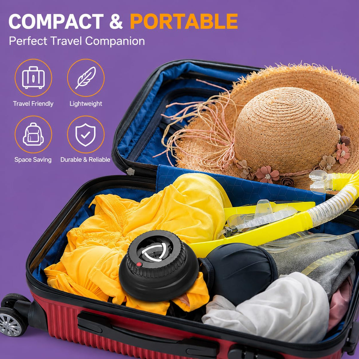 LIGOLIG diffuser tucked in suitcase illustrating portability for trips