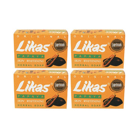 Likas front packaging showing four wrapped papaya soap bars, convenient supply
