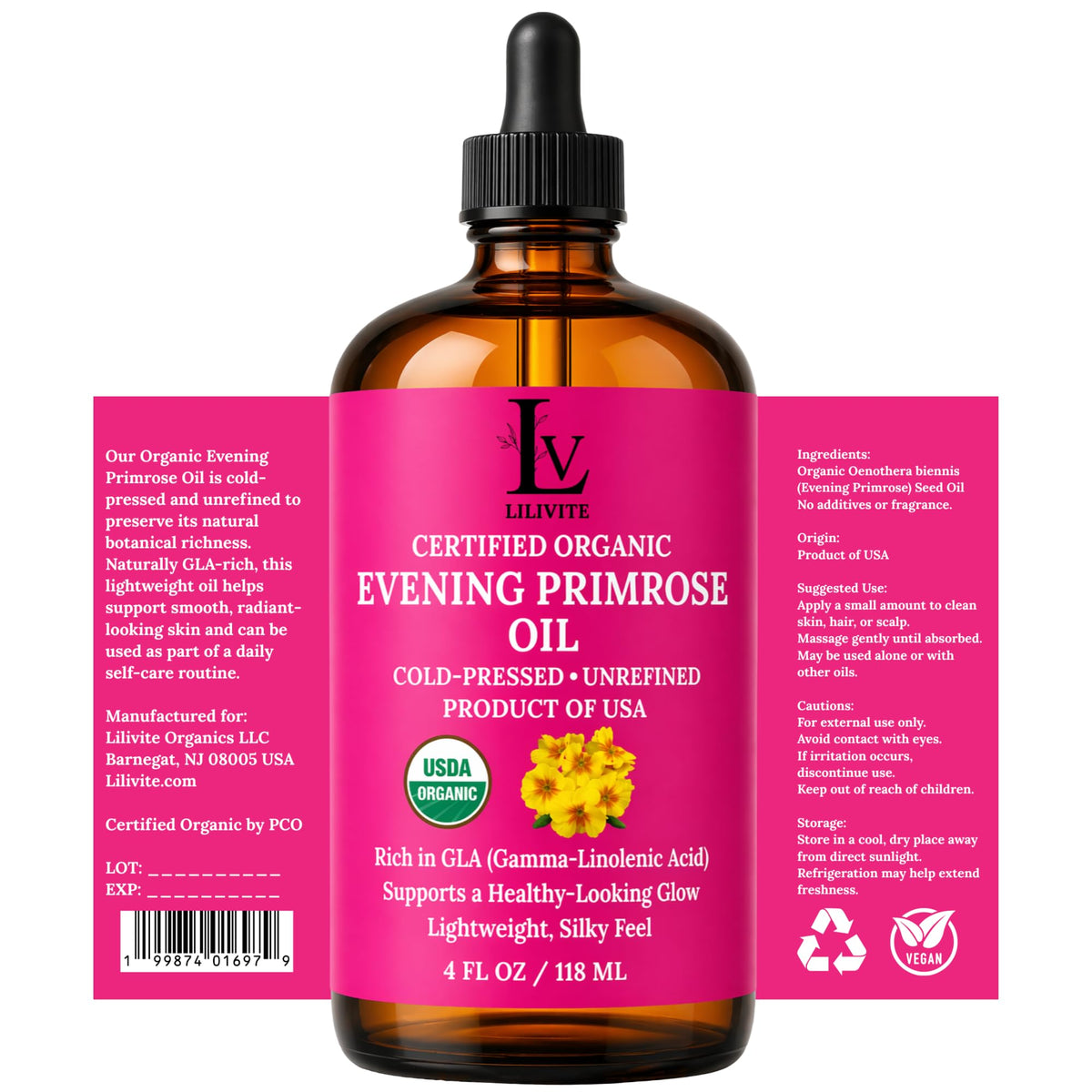 LILIVITE ORGANICS bottle alongside ingredient list and amber packaging