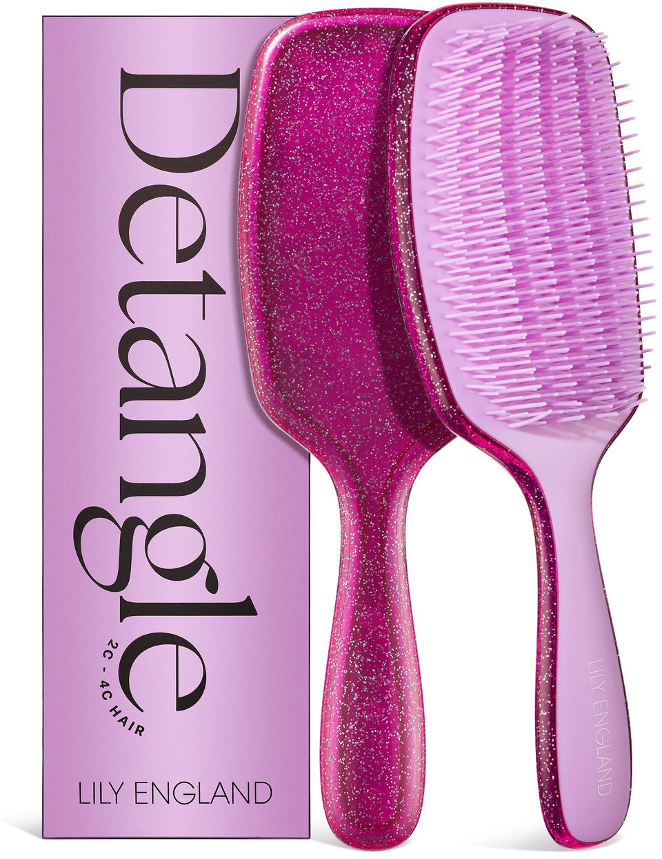Lily England brush front view showing purple glitter and comfortable grip, reduces tangles