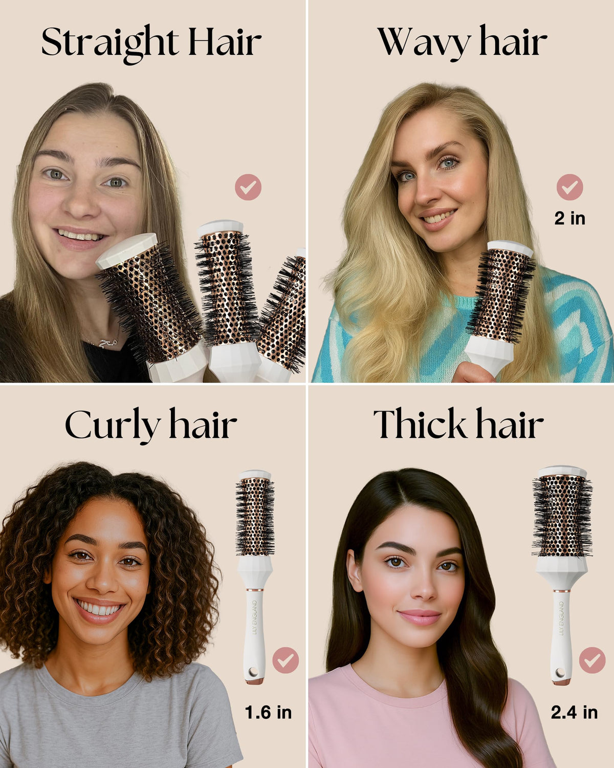 Lily England brushes in use with hairdryer illustrating faster blow-dry results