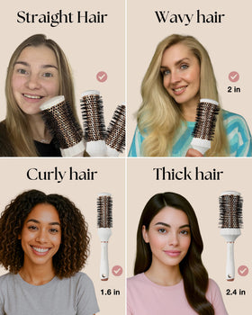 Lily England brushes in use with hairdryer illustrating faster blow-dry results