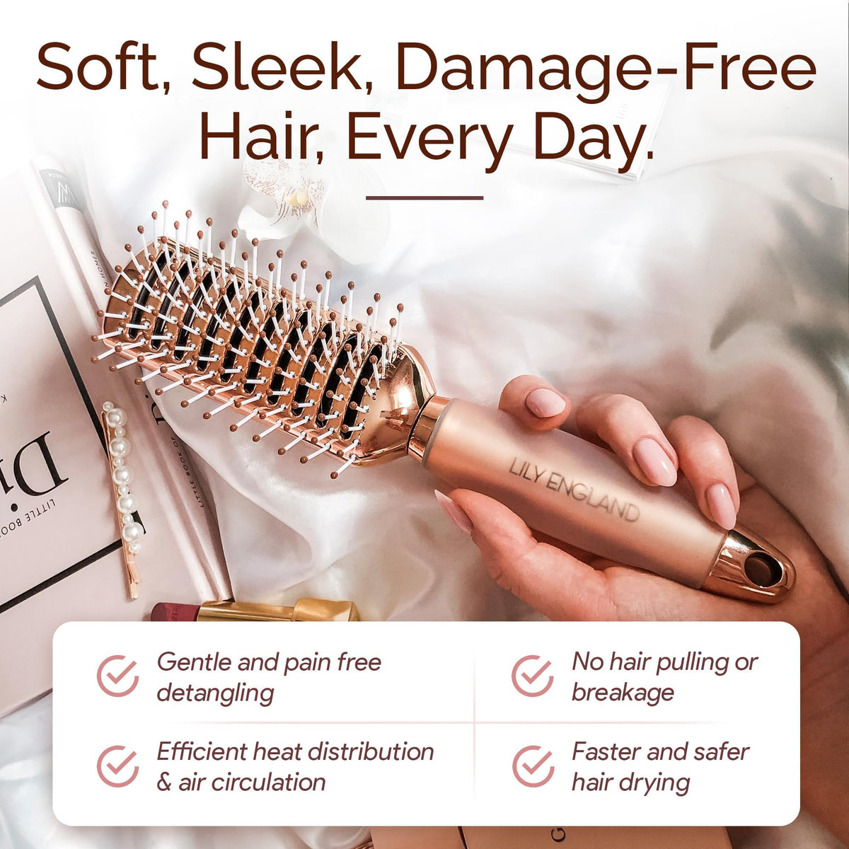 Lily England bristle close-up highlighting gentle detangling and reduced breakage
