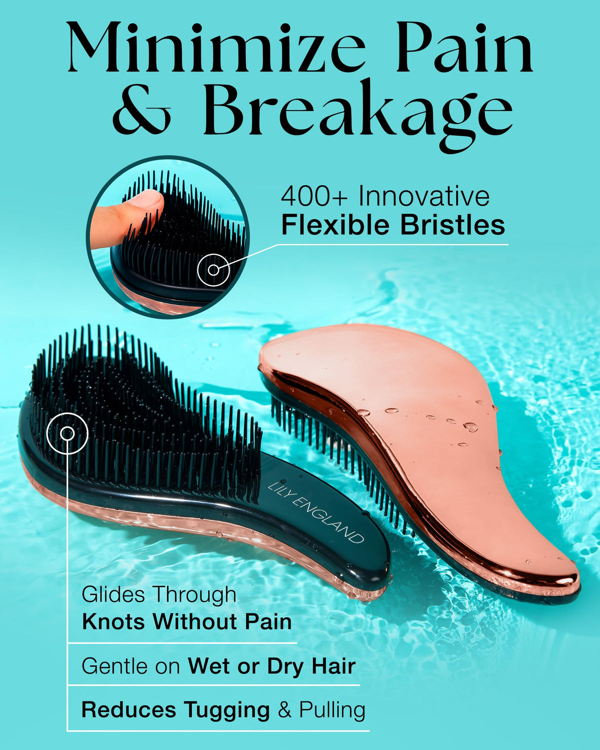 Lily England flexible bristles close-up demonstrating gentle detangling action