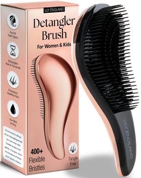 Lily England front packaging showing rose-gold detangler and benefit of gentle brushing