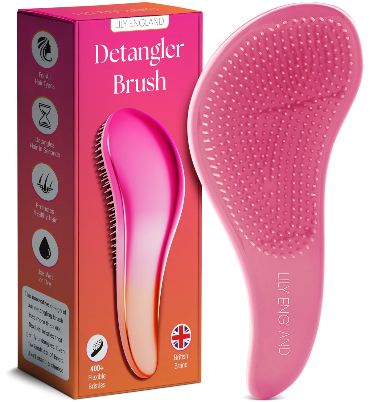 Lily England detangler front view showing brush shape and pink color, easy styling