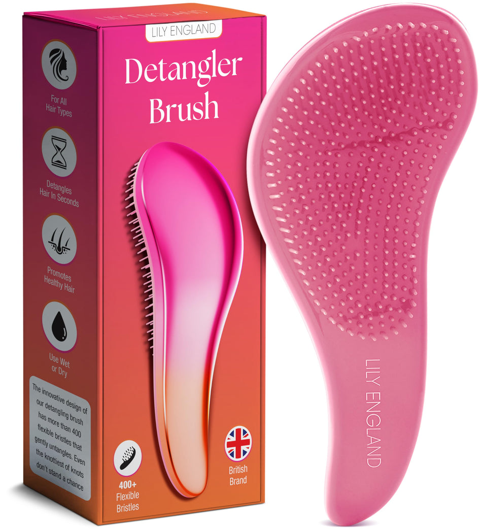 Lily England detangler front view showing brush shape and pink color, easy styling