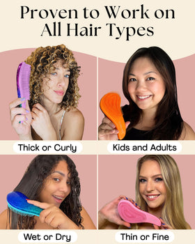 Lily England detangler held in hand to show size and easy portability benefit