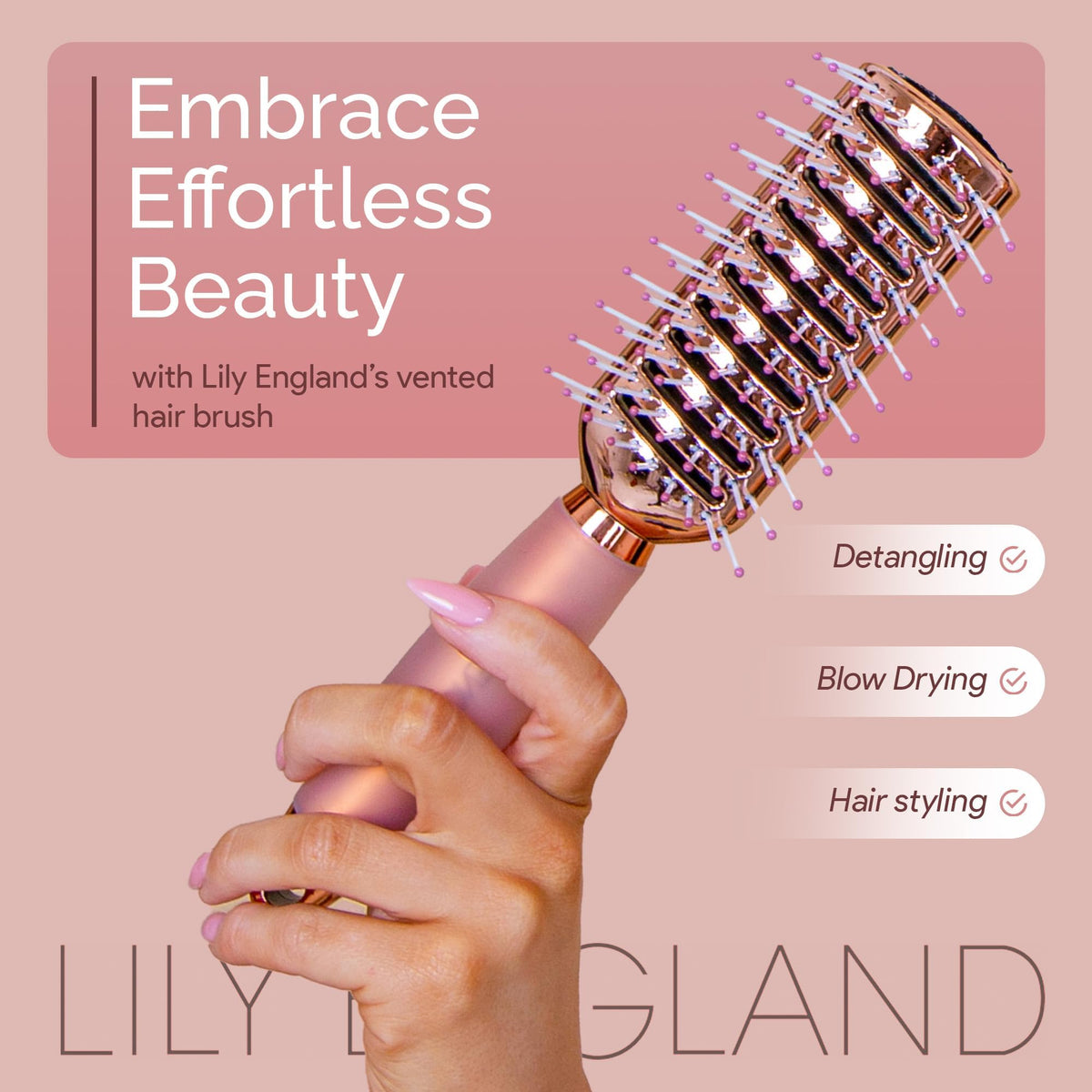 Lily England brush in use during blow-dry for quicker, smoother results