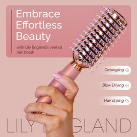 Lily England brush in use during blow-dry for quicker, smoother results