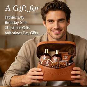 LILY ROY beard care products grouped to show wash, conditioner, oil and balm benefits