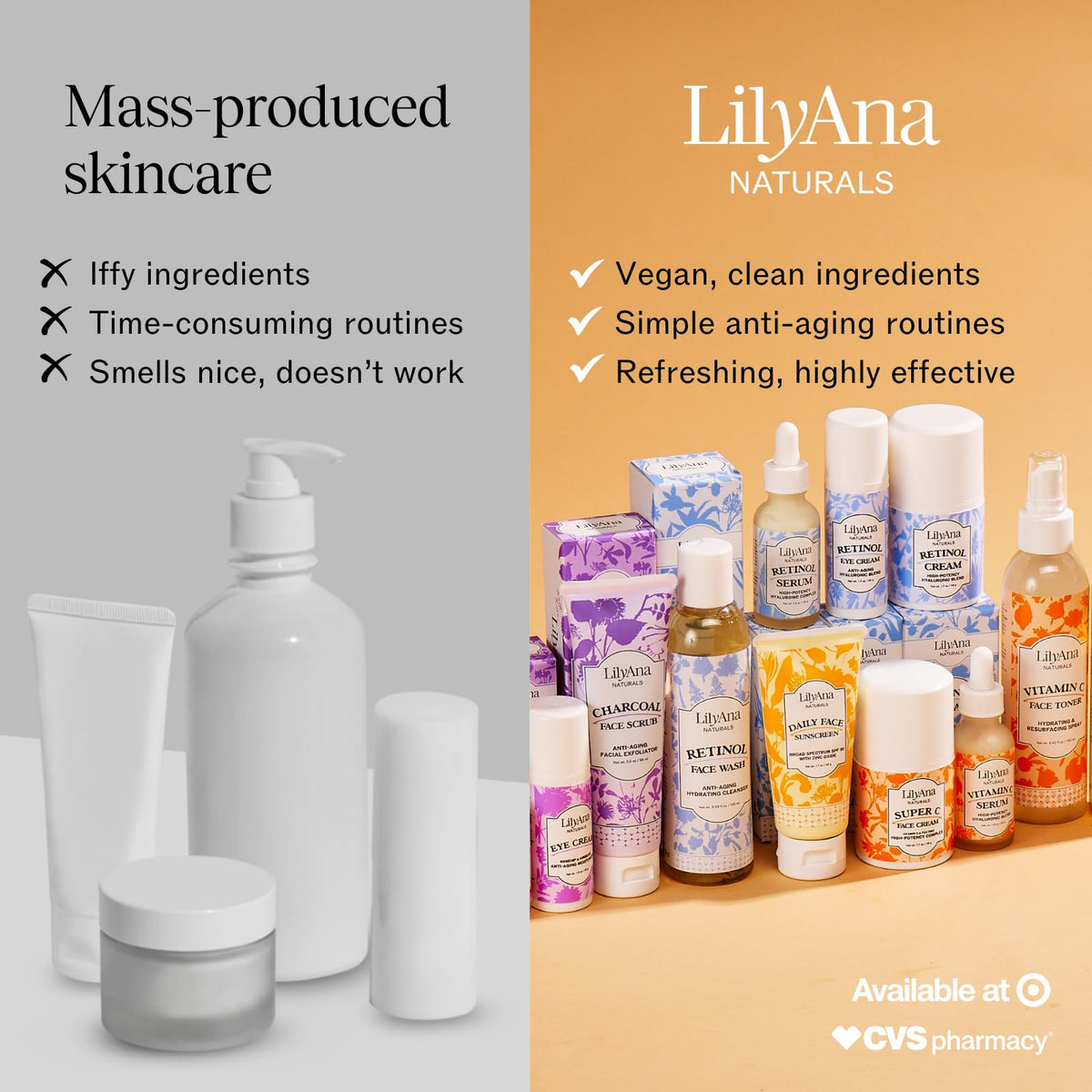 LilyAna Naturals bottle beside night cream in an evening skincare setup