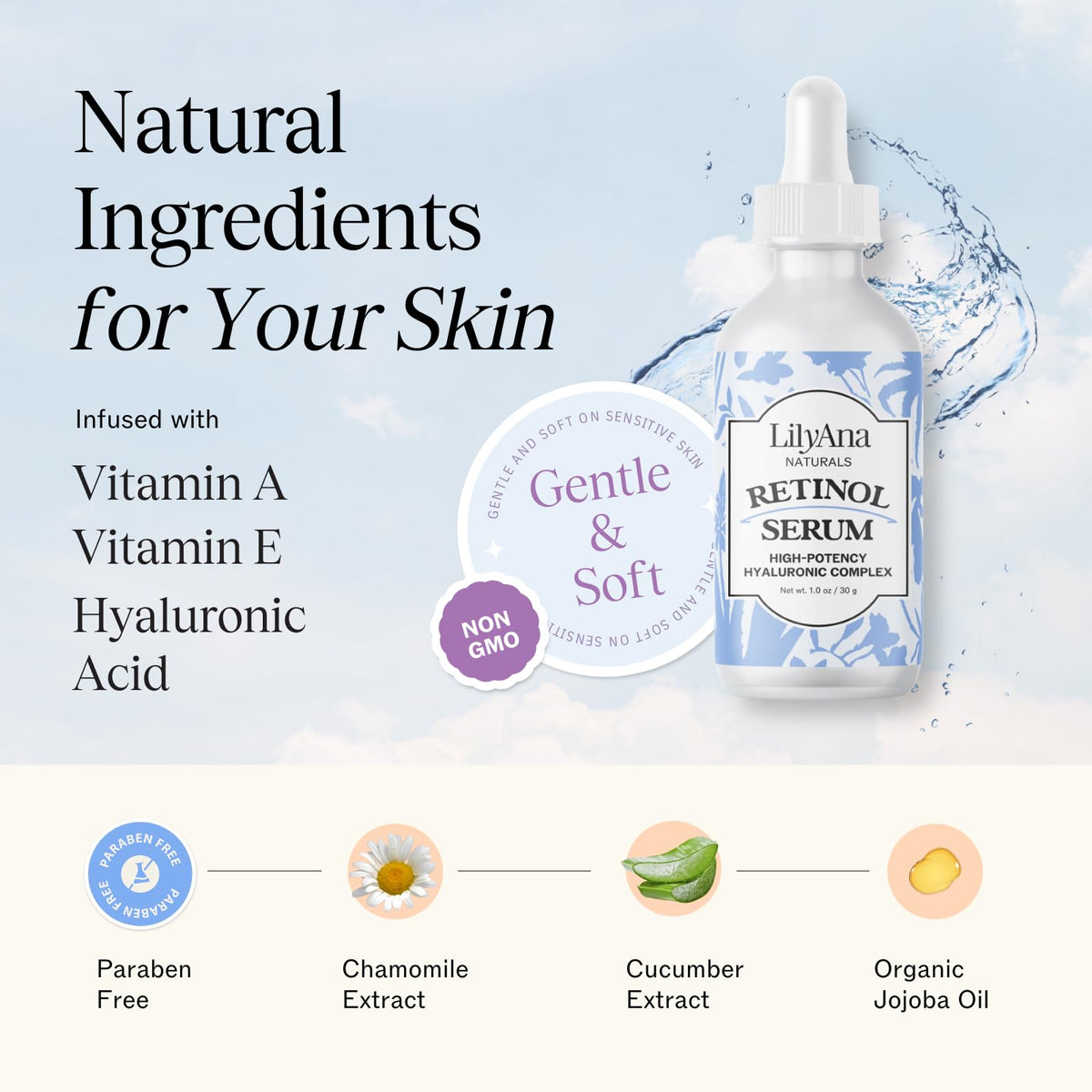 LilyAna Naturals serum drop on hand showing lightweight, quick-absorbing texture