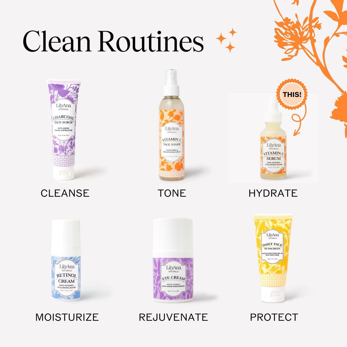 LilyAna Naturals serum on bathroom vanity suggesting daily morning routine use