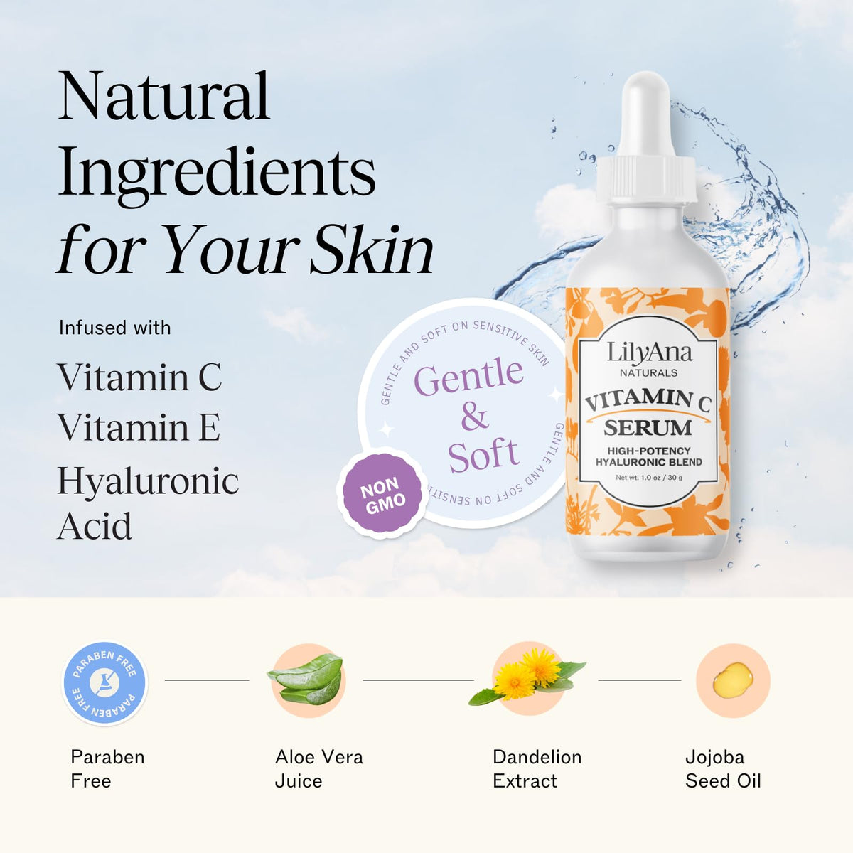 LilyAna Naturals serum texture close-up illustrating lightweight, fast absorption