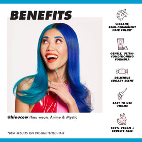 Lime Crime swatches on bleached hair strand illustrating true candy blue payoff