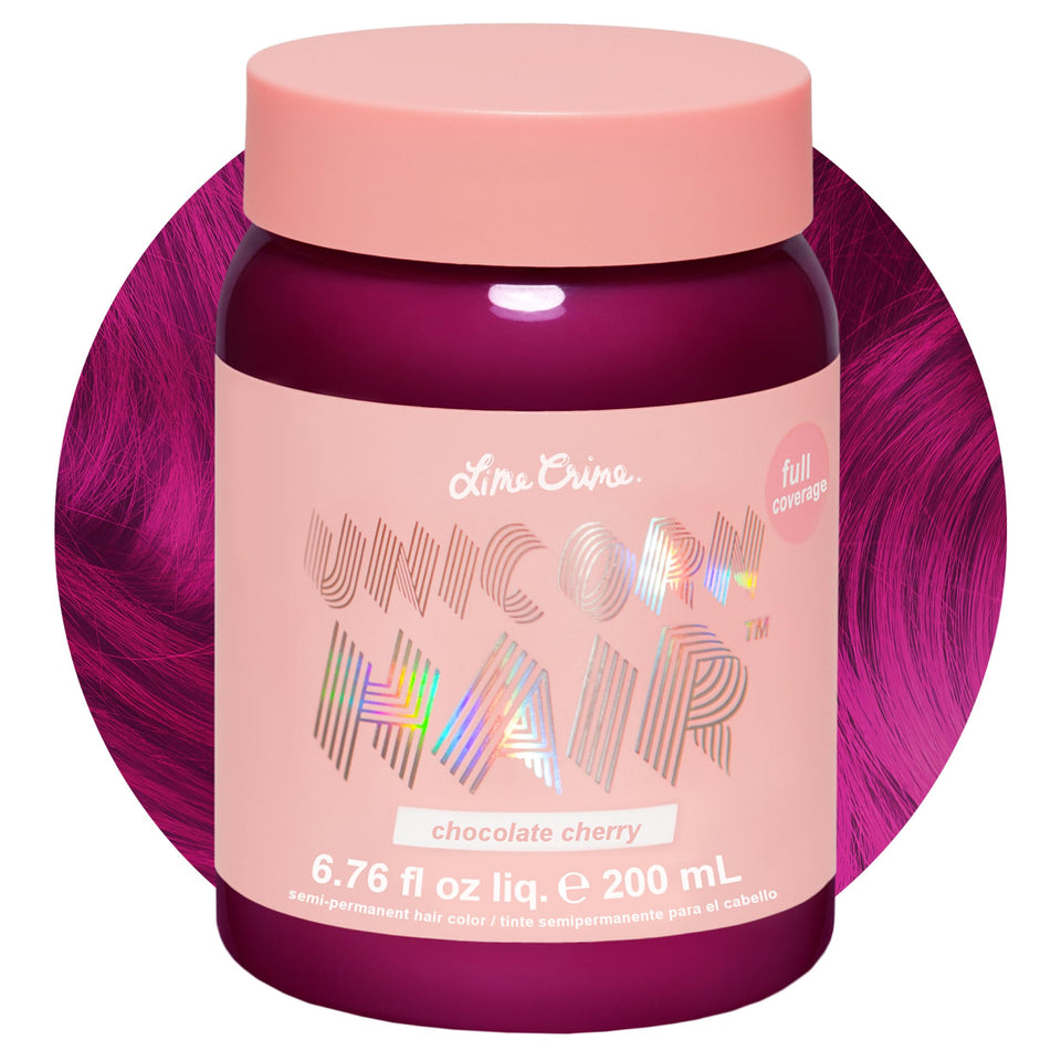 Lime Crime front packaging showing Chocolate Cherry vibrant burgundy benefits