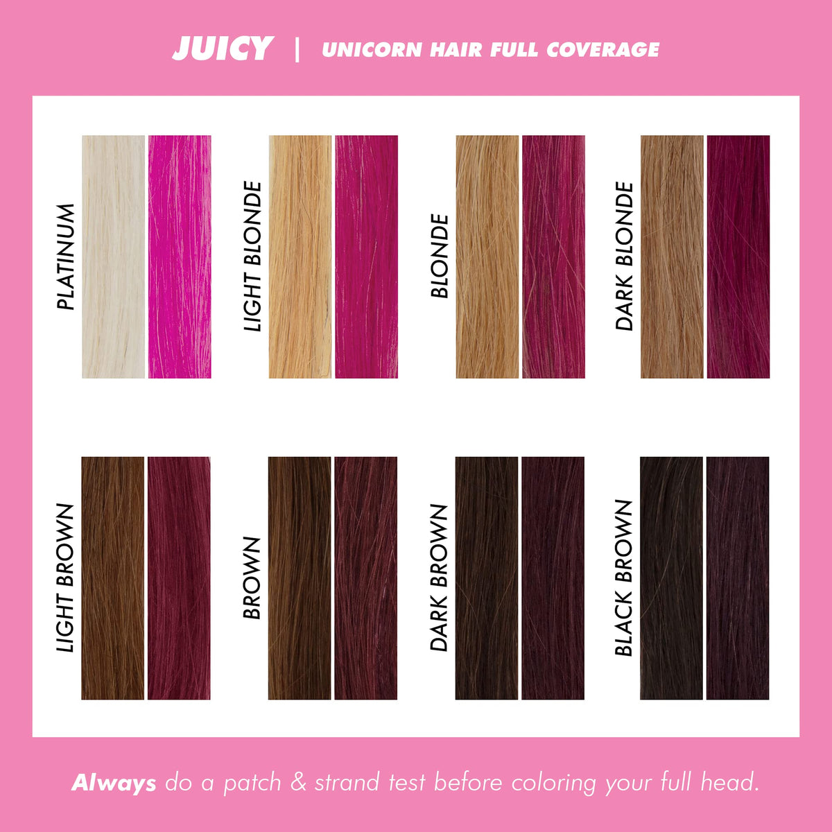 Lime Crime Juicy swatches on blonde hair showing true fuchsia payoff
