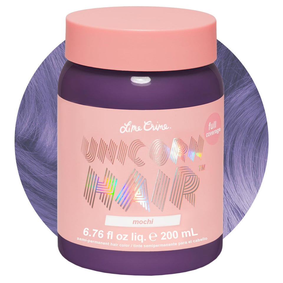 Lime Crime front packaging showing Mochi lavender dye and benefits