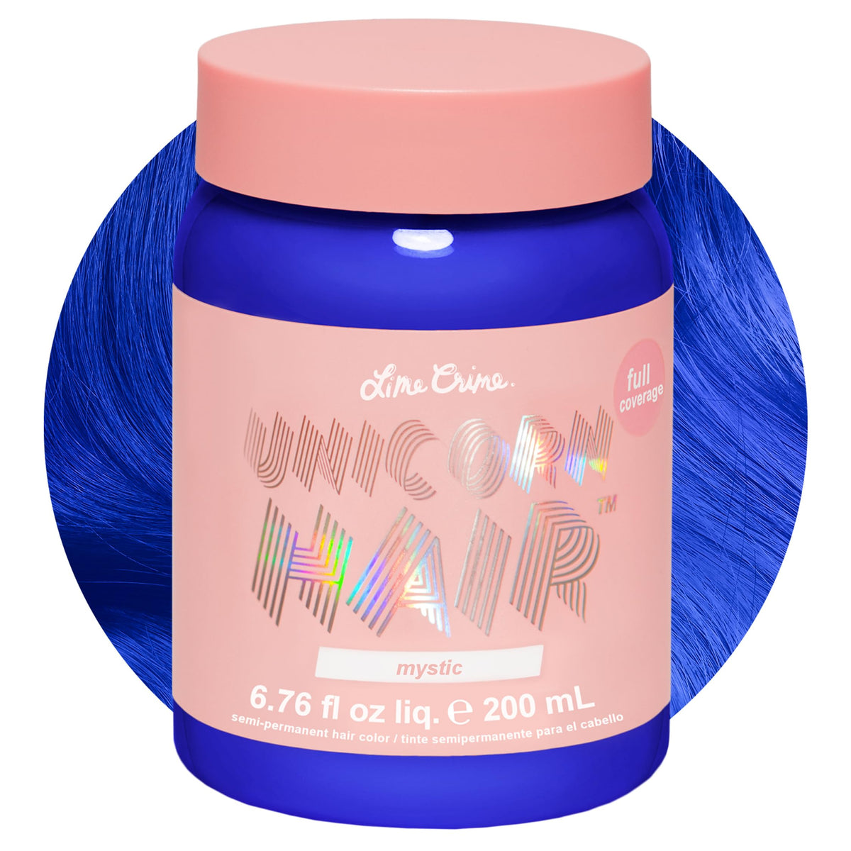 Lime Crime front packaging shows Mystic electric blue and vegan badge for bold color