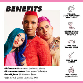 Lime Crime hair swatches on bleached strands displaying vivid Sour Candy coverage, true-to-tone