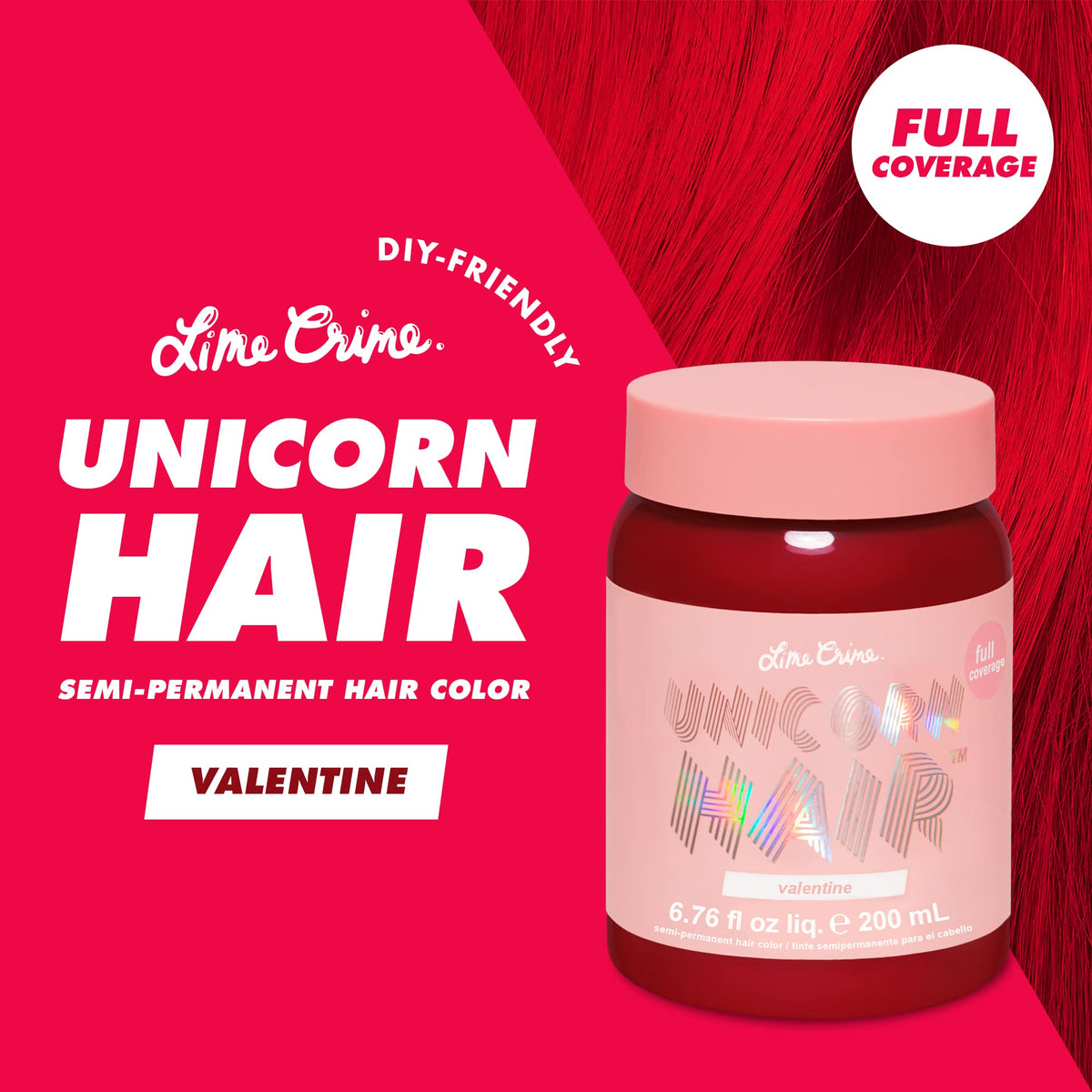 Lime Crime Valentine color swatch card illustrating expected crimson tones on light hair for reference