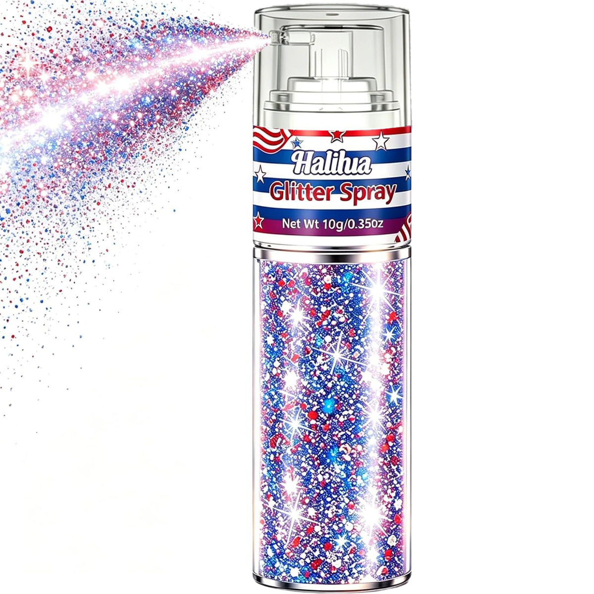 Lingyun front packaging showing patriotic red white blue glitter spray benefit quick application